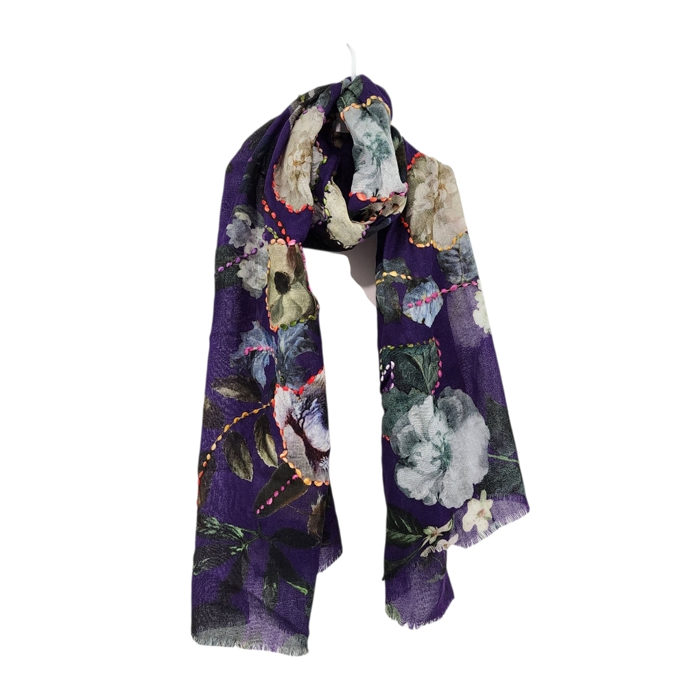 Signals Women's Indigo 100% Wool Embroidered Floral Scarf - OS